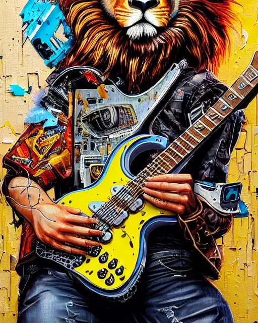 Image similar to a portrait of an anthropomorphic cyberpunk lion shredding an electric guitar as the guitar melts by sandra chevrier, by jon foster, detailed render, tape deck, epic composition, cybernetics, 4 k realistic, cryengine, realistic shaded lighting, sharp focus, masterpiece, by enki bilal