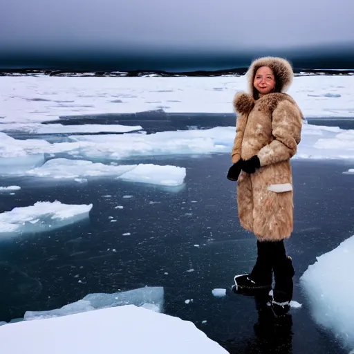 Image similar to portrait of an eskimo standing on ice in the arctic tundra littered with plastics