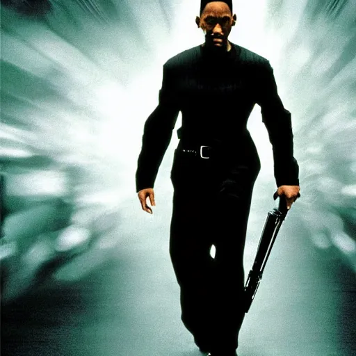 Image similar to will smith as neo in the matrix movies, cinematic, atmosphere, dynamic light, ultra realistic, very detailed