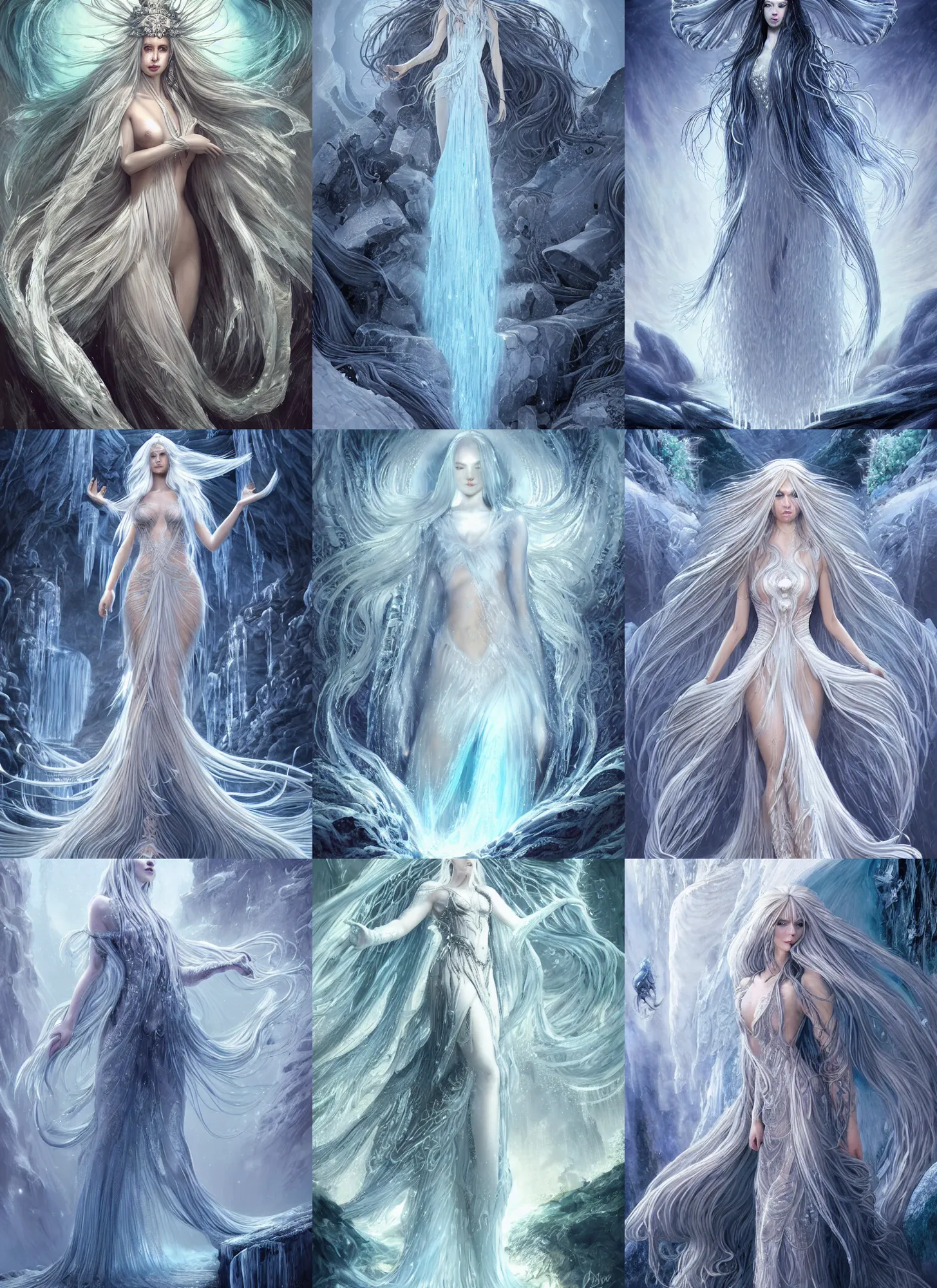 Prompt: goddess made of ice long hair like a waterfall, full body, horizontal symmetry, elegant, intricate, highly detailed, fractal background, digital painting, artstation, concept art, wallpaper, smooth, sharp focus, illustration, epic light, art by daryl mandryk, kay nielsen, zeen chin, wadim kashin, sangyeob park, terada katsuya