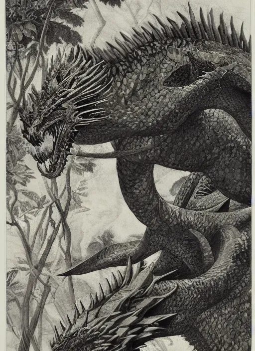 Image similar to game of thrones dragon in a tropical forest, john james audubon, intaglio, sharp focus