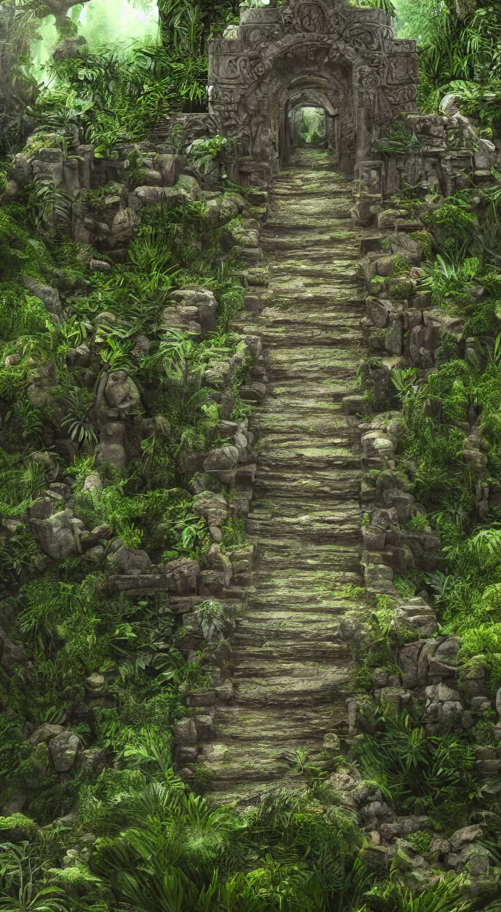 Prompt: Starway to a Mystical Jungle Temple, Carved stone Starway in the jungle, Lush vegetation, Overgrown, Entrance to an ancient temple, photorealistic, detailed, artstation, 4k