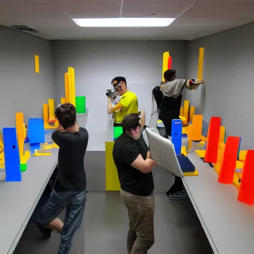 Prompt: Google engineers having a nerf battle in a server room