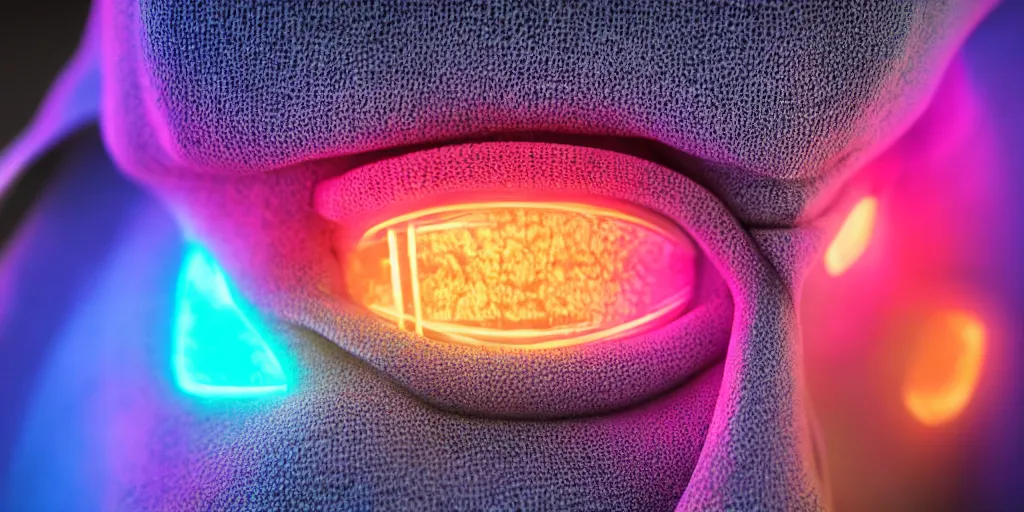 Image similar to an extreme close - up portrait of a neon glowing hoodie, photographic filter, unreal engine 5, realistic, hyperdetailed, 8 k, cinematic, volumetric lighting, very realistic effect, hd, hdr, 4 k, sharp focus, octane render, ultra detailed, high resolution, trending on artstation in the style of albert dros glowing rich colors powerful imagery