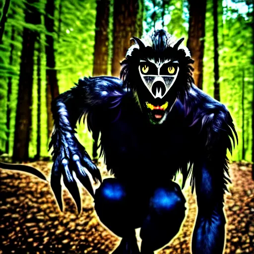 Image similar to werecreature consisting of a human and crow, photograph captured in a forest