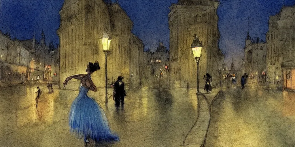 Prompt: a hiper intricate watercolor of a beautiful ballerina walking at midnight by the light of the street lights on the lonely bridge extremely detailed, sharp focus, wide view, smooth, digital illustration, colorfull, by edgar degas, by edmund dulac