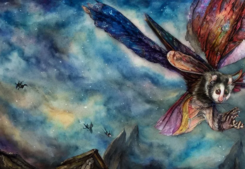 Image similar to the legendary colorful winged possum is flying over a medieval castle under the dark starred sky, dark fantasy, watercolor, dreaming illusion, highly detailed, 4k, trending on Artstation, award-winning