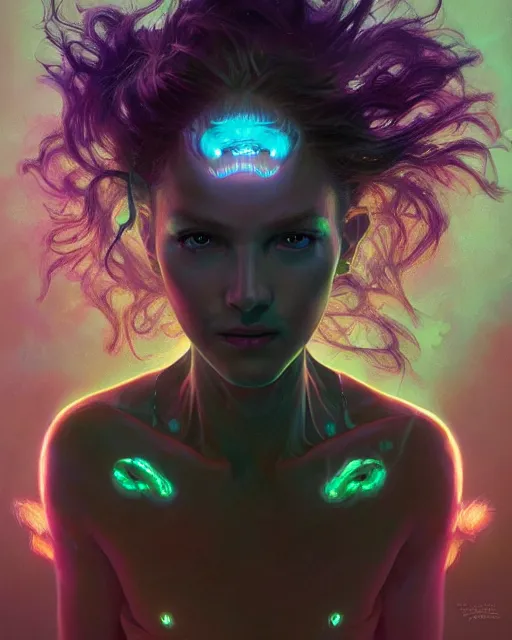 Image similar to portrait, bioluminescent monster, concept art, expressive, highly detailed, digital painting, cinematic lighting, hyperrealism, dark retrowave, art by stanley lau and artgerm and magali villeneuve and alphonse mucha, artstation, octane render, cgsociety