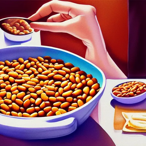 Prompt: Reigen Arataka eating baked beans, photorealistic, post-processing, digital art