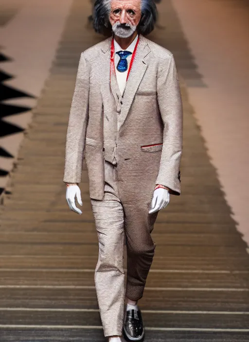 Image similar to hyperrealistic and heavy detailed gucci runway show of albert einstein, leica sl 2 5 0 mm, vivid color, high quality, high textured, real life