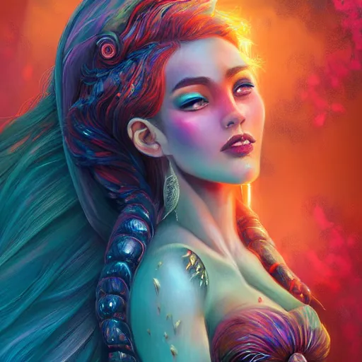Image similar to a beautiful stunning interesting detailed fantasy whimsical matte digital portrait illustration of a mermaid with turqoise hair, yellow-orange and red-violet sunset, spectacular sunset, a painting by Ross Tran, trending on artstation hq, contest winner