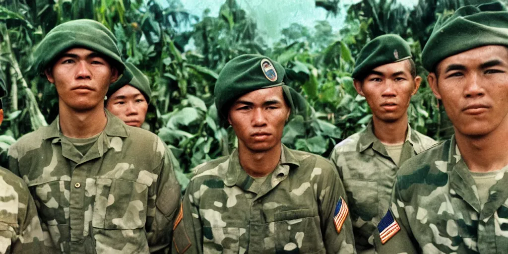 Image similar to u. s. soldiers in 1 9 6 9 in vietnam war, soldiers portrait closeup, face closeup, us flag, jungles in the background, coloured film photography, ken burns photography, lynn novick photography