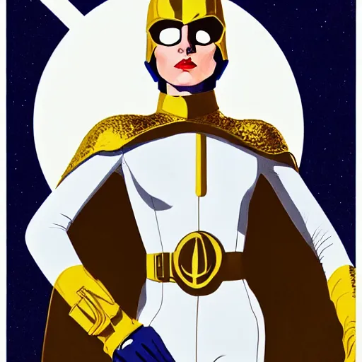 Prompt: portrait soft light, stoic emotionless heroic butch woman space hero in white and gold uniform and cape and boots and gloves, very short slicked - back hair, victorian brass goggles, by frank mccarthy and conrad roset, inspired by flash gordon, paintbrush, fine,