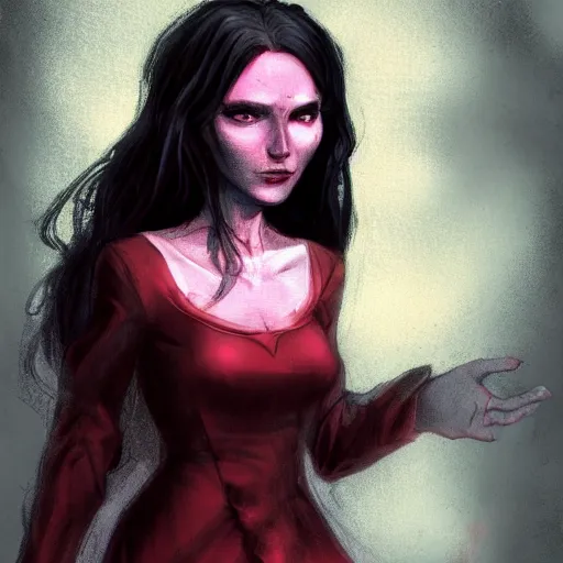 Prompt: Wanda Maximoff chaos magic, levitating, eerie, emotion, concept art