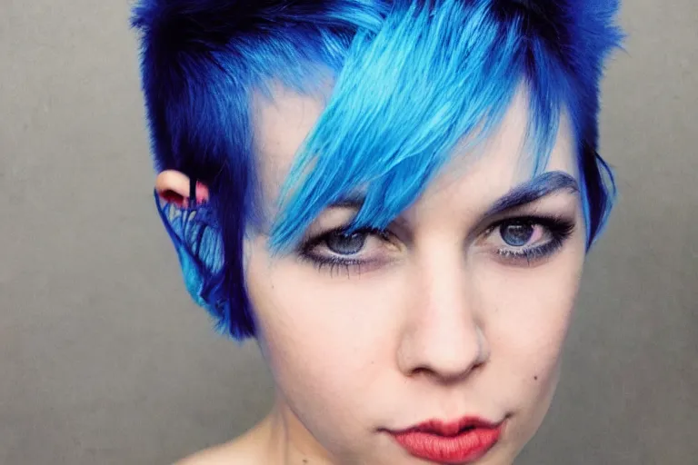 Image similar to photo of young cute punk woman with blue pixie cut posing, hyper detailed