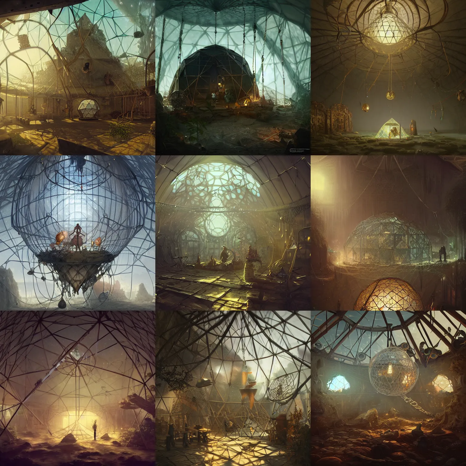 Prompt: victorian prison in a geodesic dome, hanging chains, rock crystals, light dust, by peter mohrbacher dan mumford craig mullins nekro, cgsociety, pixiv, volumetric light, 3 d render