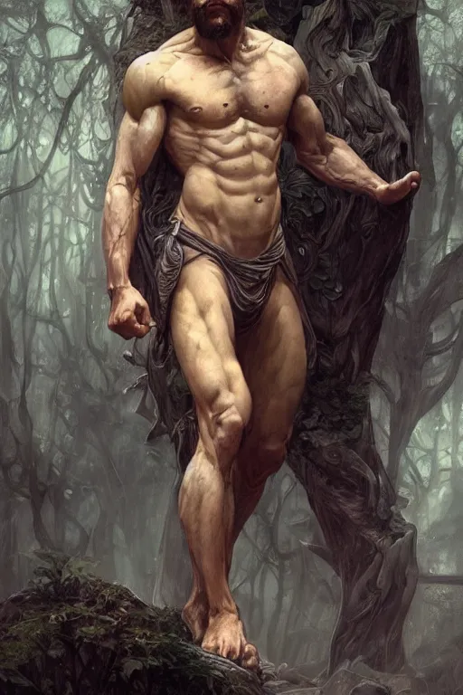 Image similar to portrait of a depressed herculian man, forest, full body, muscular, fantasy, intricate, elegant, highly detailed, digital painting, artstation, concept art, sharp focus, illustration, art by artgerm and greg rutkowski and alphonse mucha