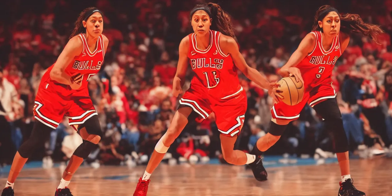 Prompt: candace parker in bulls jersey, high contrast, high saturation cinematic film still