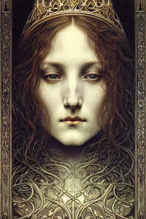 Image similar to detailed realistic beautiful young medieval queen face portrait by jean delville, gustave dore and marco mazzoni, art nouveau, symbolist, visionary, gothic, pre - raphaelite. horizontal symmetry