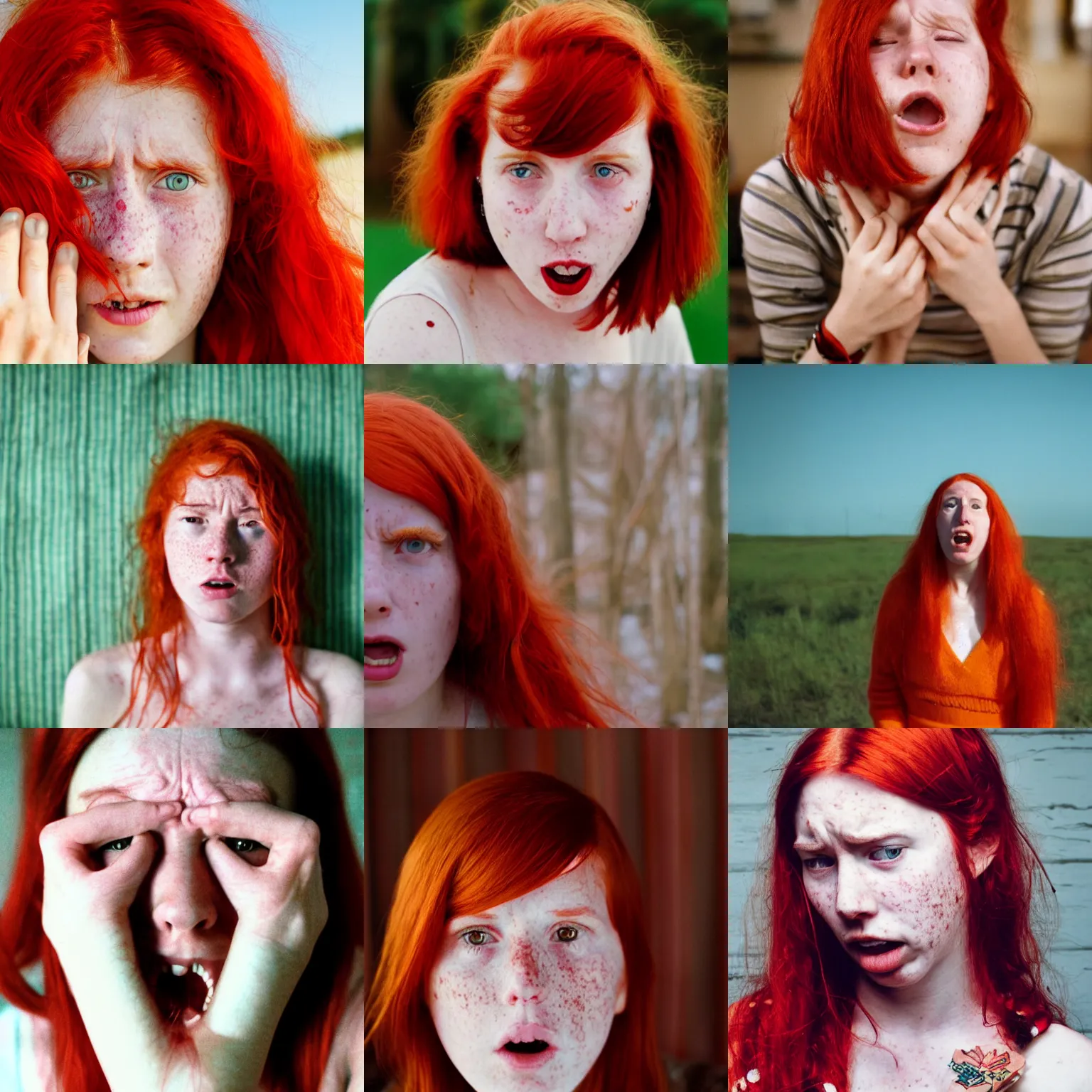 Prompt: photograph of a twenty year old woman in agony by wes anderson, red hair, freckles