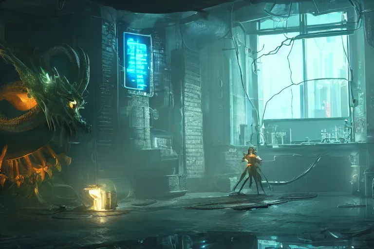 Prompt: A cyberpunk dragon in a basement protecting a technological treasure. A group of explorers are on their way, unreal engine, 8k, CGI, Ray tracing, Cyberpunk, fantasy, Elden Ring, Tron, Furi Videogame, Takashi Okazaki, neon