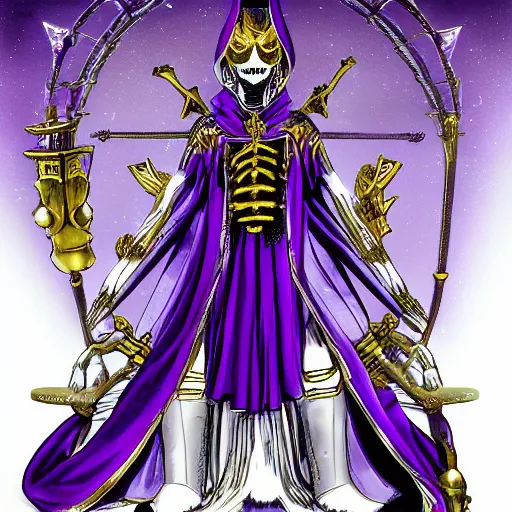 Image similar to a skeleton in a purple robe, golden magical shoulder pads, in a hood, a red magic sphere in the chest, he stands next to the golden throne, manga, anime overlord, hand drawn, proportions, 2d