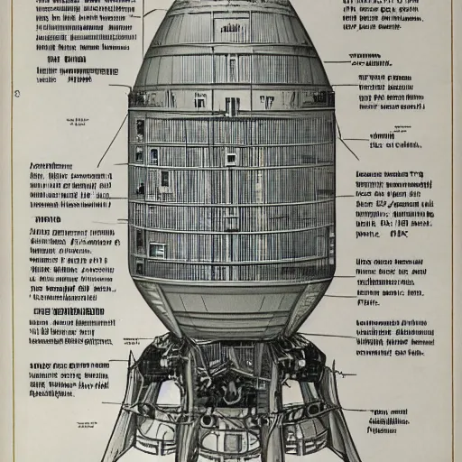 Image similar to archive blueprints of 1 9 4 0's nuclear powered spaceship engine