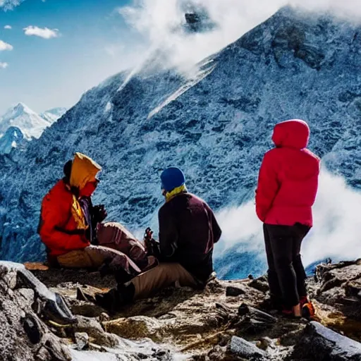 Prompt: mountain climbers witnessing an avalanche on a mountain top while having some tea near their tent