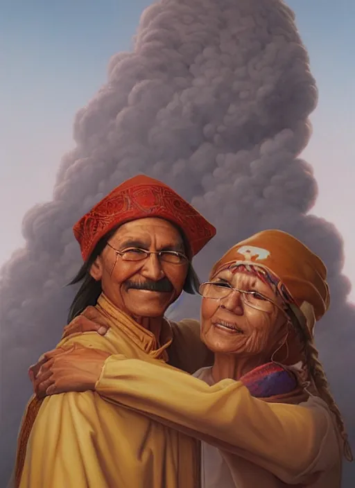 Image similar to portrait of indigenous grandfather and grandmother in the clouds, smiling, protection, benevolence, ancestors, art by christophe vacher