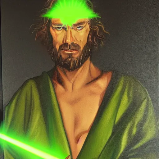 Prompt: A man in robes wielding a green laser sword painting, portrait, trending on artstation