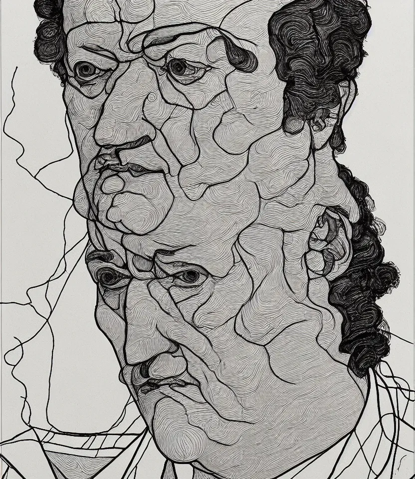 Prompt: detailed line art portrait of music composer richard wagner, inspired by egon schiele. contour lines, musicality, twirls and curves, strong personality