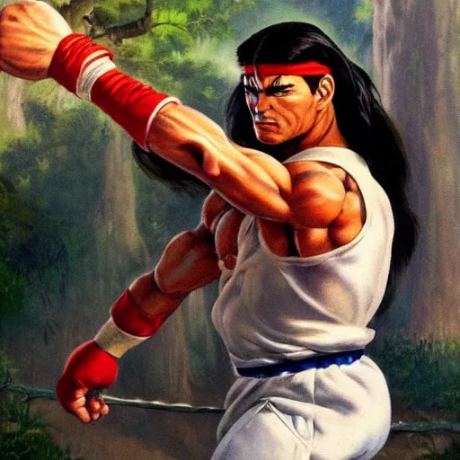 Prompt: ultra realistic painting of forest gump as ryu from street fighter, art by frank frazetta, 4 k, ultra realistic, highly detailed, epic lighting