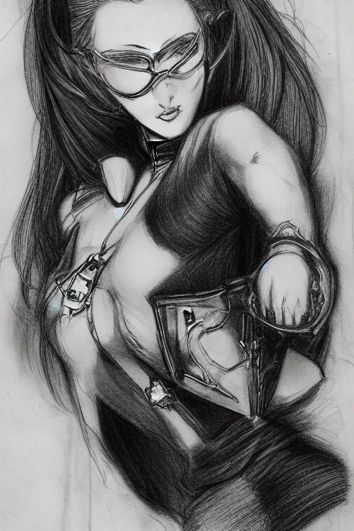 Image similar to Portrait sketch of fully clothed Bayonetta by Da Vinci