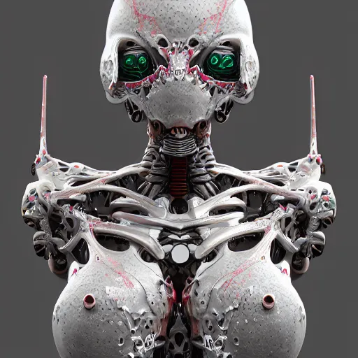 Image similar to biomechanical eva elfie extremely beautiful, chimeric organism, pale skin, organic steel, full frontal, portrait, highly detailed, transhumanist, symmetrical, mechanical, anatomical, mendelbrot fractal, ray tracing, hyperdetailed, hyperrealistic, trending on artstation, oppai cyberpunk, octane render, hdr, uhd 4k