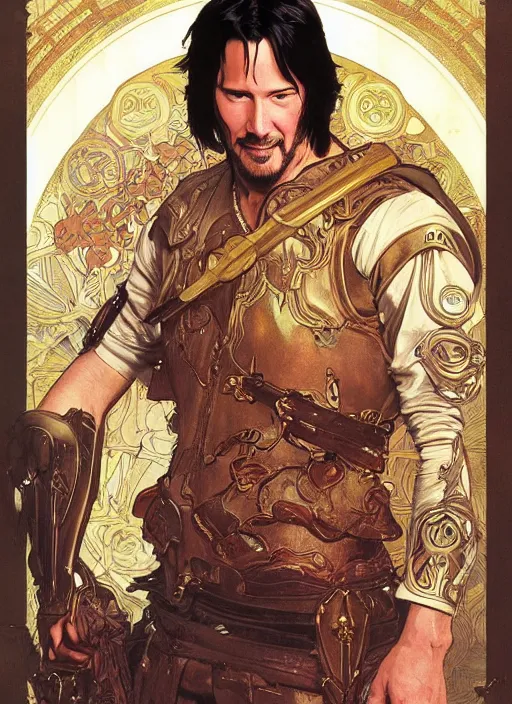 Image similar to keanu reeves in the slumps brown skin golden hair brown leather armor high fantasy dnd smooth sharp focus illustration by rossdraws, alphonse mucha frank fanzzeta