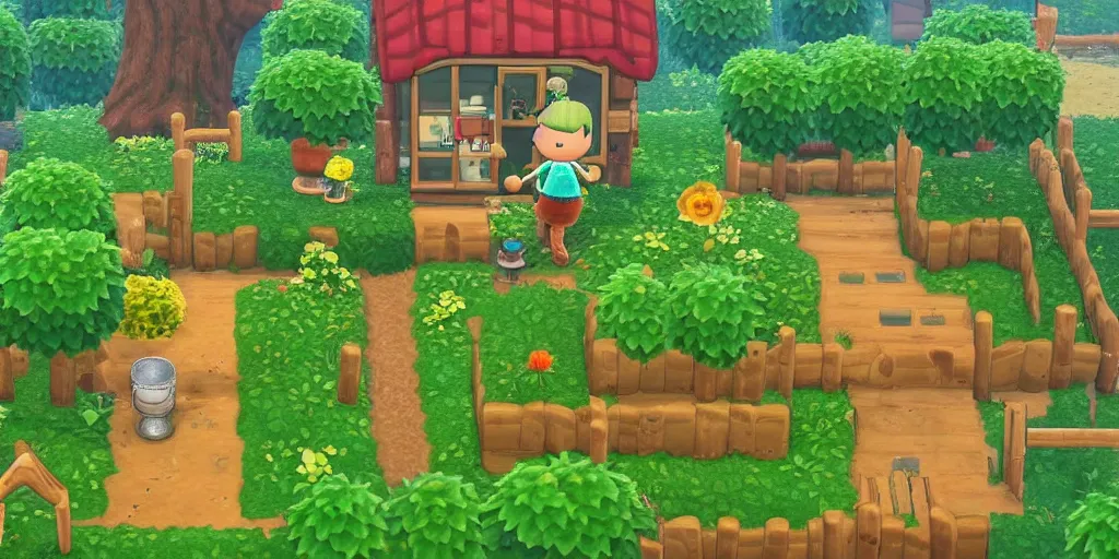 Image similar to miniature garden, cottagecore, animal crossing, stardew valley, moss, plants, cute, friendly