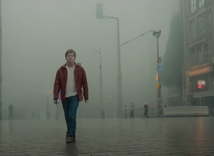 Image similar to film footage of giant michael j. fox monster in a foggy city, 8 k, 8 5 mm