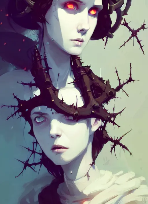 Image similar to portrait of cute goth maiden girl with crown of thorns and white short hairs, warhammer, cyberpunk, by atey ghailan, by greg rutkowski, by greg tocchini, by james gilleard, by joe gb fenton, by kaethe butcher, dynamic lighting, gradient light blue, brown, blonde cream and white color in scheme, grunge aesthetic