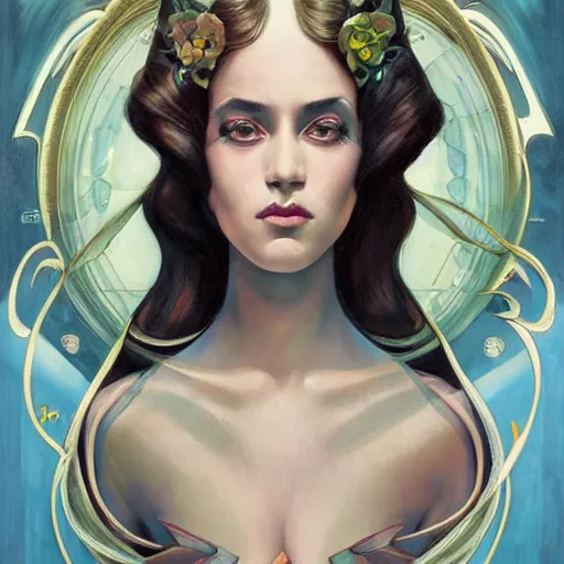 Image similar to an art nouveau, ( streamline moderne ), multi - racial portrait in the style of anna dittmann and donato giancola and chanthara. very large, clear, expressive, and intelligent eyes. centered, ultrasharp focus, dramatic lighting, photorealistic digital matte painting, intricate symmetrical ultra detailed background.