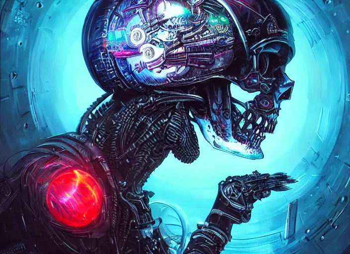 Image similar to a futuristic skull with glowing eyes and a wormhole tunnel cyberpunk art by android jones, featured on artstation, darksynth, synthwave