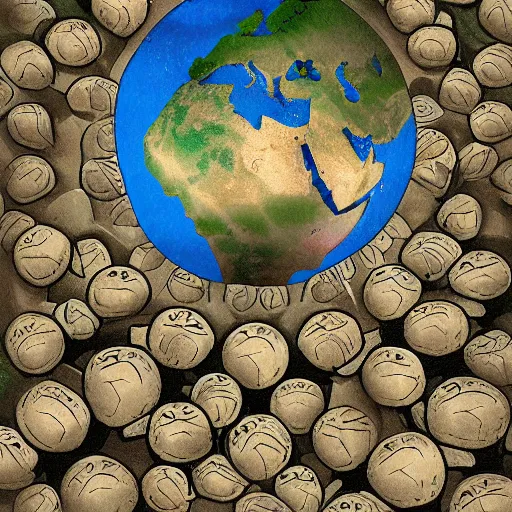 Image similar to earth globe on top of stack of turtles, turtles all the way down, digital art