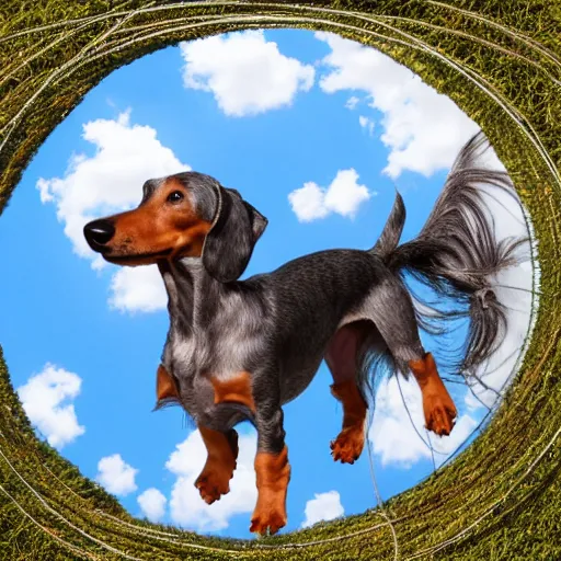 Image similar to stock photo of an elderly, light gray wire-haired dachshund floating in heaven, blue sky, white clouds