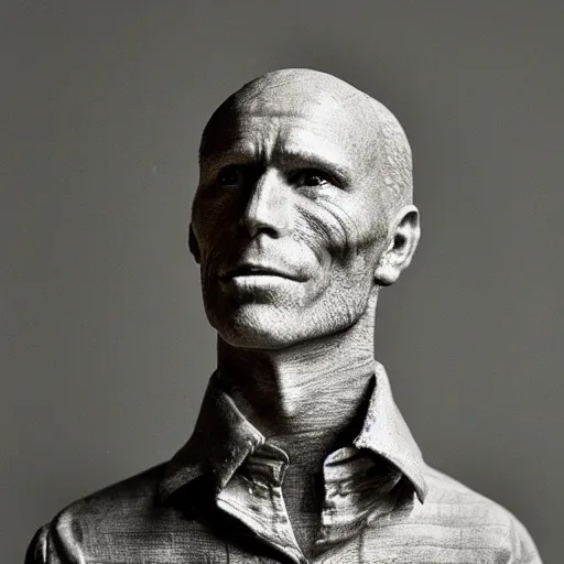 Prompt: A recycled materials assemblage statuette of Ed Harris, studio lighting, F 1.4 Kodak Portra