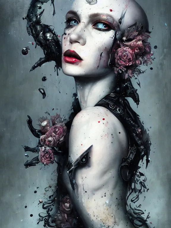 Image similar to a splatterpunk portrait of a gorgeous woman with shadowy eyes and bonewhite hair, with black glossy lips, hyperrealistic, award-winning, in the style of Tom Bagshaw, Cedric Peyravernay, Peter Mohrbacher