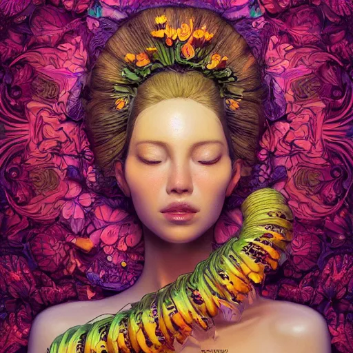 Image similar to the portrait of an unimaginably beautiful, graceful, and elegant woman made of bananas and petals, an ultrafine detailed illustration by kim jung gi, irakli nadar, intricate linework, bright colors, final fantasy, behance contest winner, angular, unreal engine 5 highly rendered, global illumination, radiant light, detailed and intricate environment