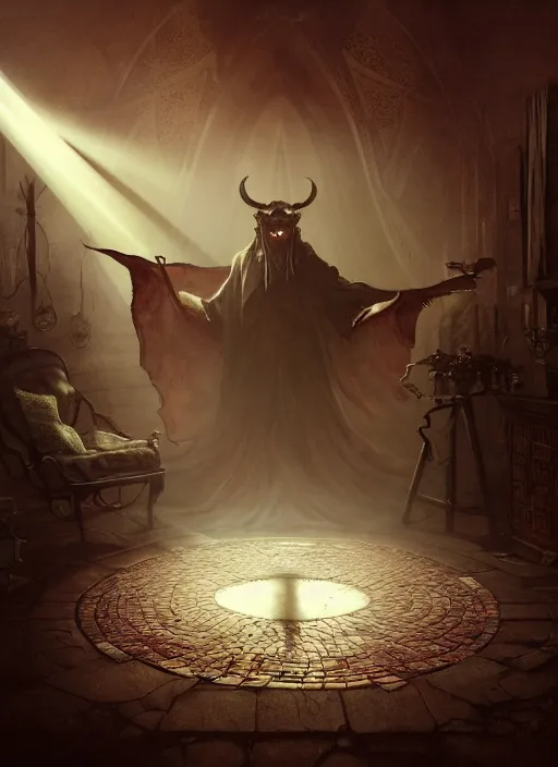 Image similar to A demon in a summoning circle trying to summon a human in his moms attic, humor, funny, irony, mist, sunrays, dust in the air, DnD character, unreal engine, octane render, dramatic lighting, pond, digital art, by Stanley Artgerm Lau, greg rutkowski, thomas kindkade, alphonse mucha, loish, norman Rockwell,