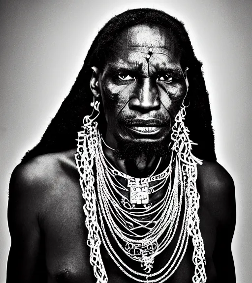 Prompt: portrait of haitian voodoo priest, 3 0 yo with lots of necklaces, angry look, dark background, studio light, hdr, nikon 2 4 mm f / 1. 8 g, by sebastiao salgado