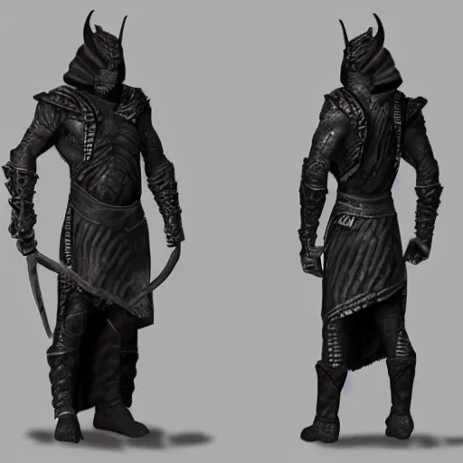 Prompt: a realistic full body of Konnor, a dragonborn, a black hood with black robes and a sword on his back, extremely realistic and detailed, standing in front of a mountain