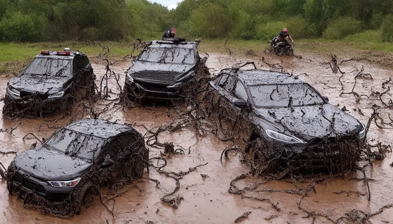 Image similar to bodycam of high speed chase trough mud with trycicles, very detailed, realistic, 4 k