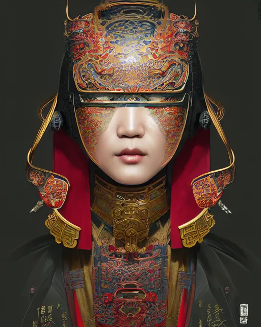 Image similar to portrait of a chinese cyberpunk machine, machine face, upper half portrait, decorated with chinese opera motifs, regal, asian, fine china, wuxia, traditional chinese art intricate intense elegant 京 剧 highly detailed digital painting artstation concept art smooth sharp focus illustration, art by artgerm and greg rutkowski alphonse mucha 8 k